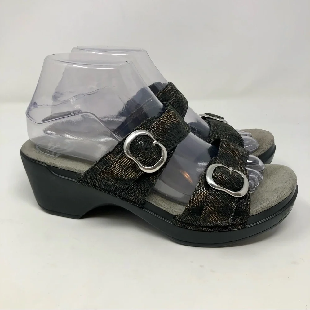 Dansko Sophie Shagreen Metallic Python Print Leather Chunky Heel Sandals Black